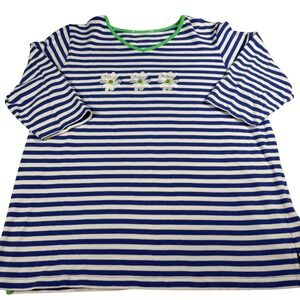 Striped Daisy Top XL‎ Blue White Green 3/4 Sleeve Pique Knit Cheerful Spring